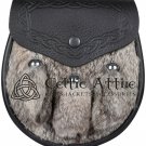 Scottish Black Leather SPORRAN Brown Rabbit Fur With Free Chain Belt