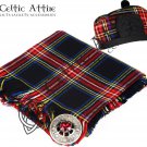 Scottish BLACK STEWART Tartan FlyPlaid KILT ACCESSORIES Package Brooch Glengarry Hat - Cap Size 56