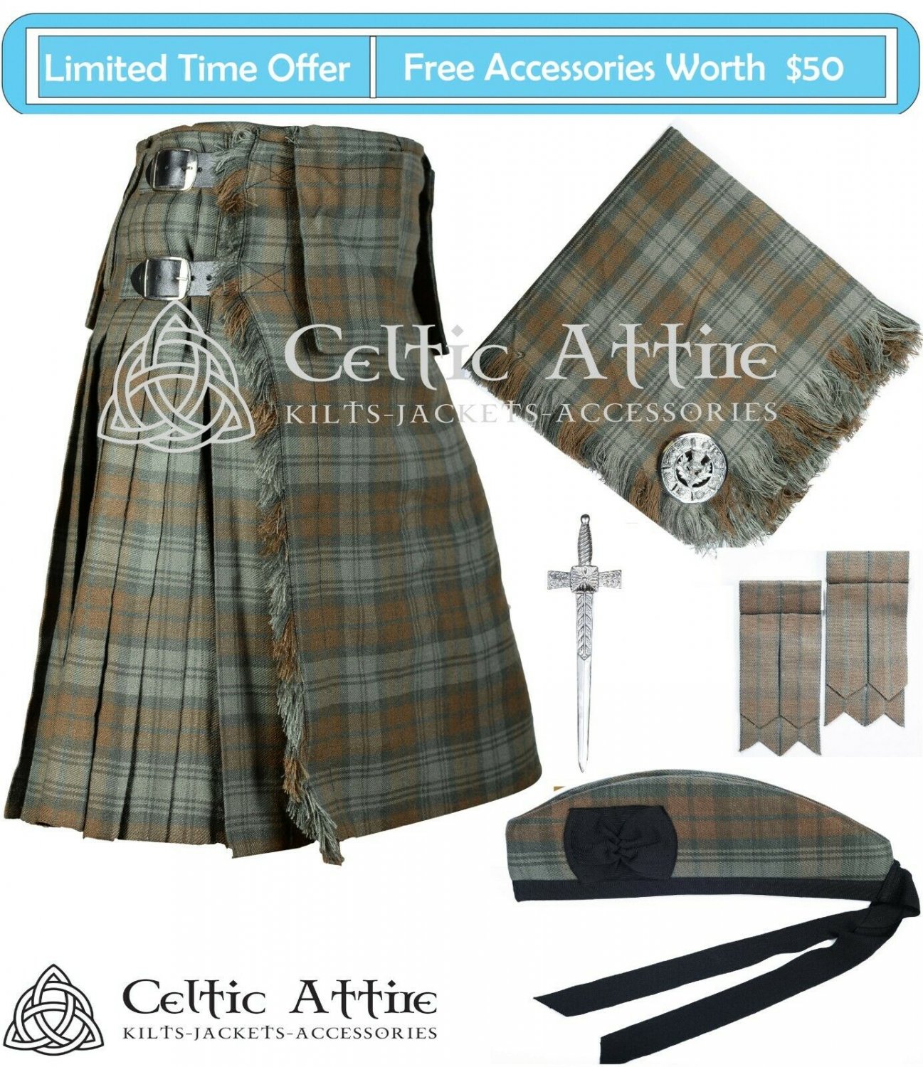 Custom Size Scottish 8 Yard BLACK WATCH WEATHERED TARTAN KILT - Fly ...