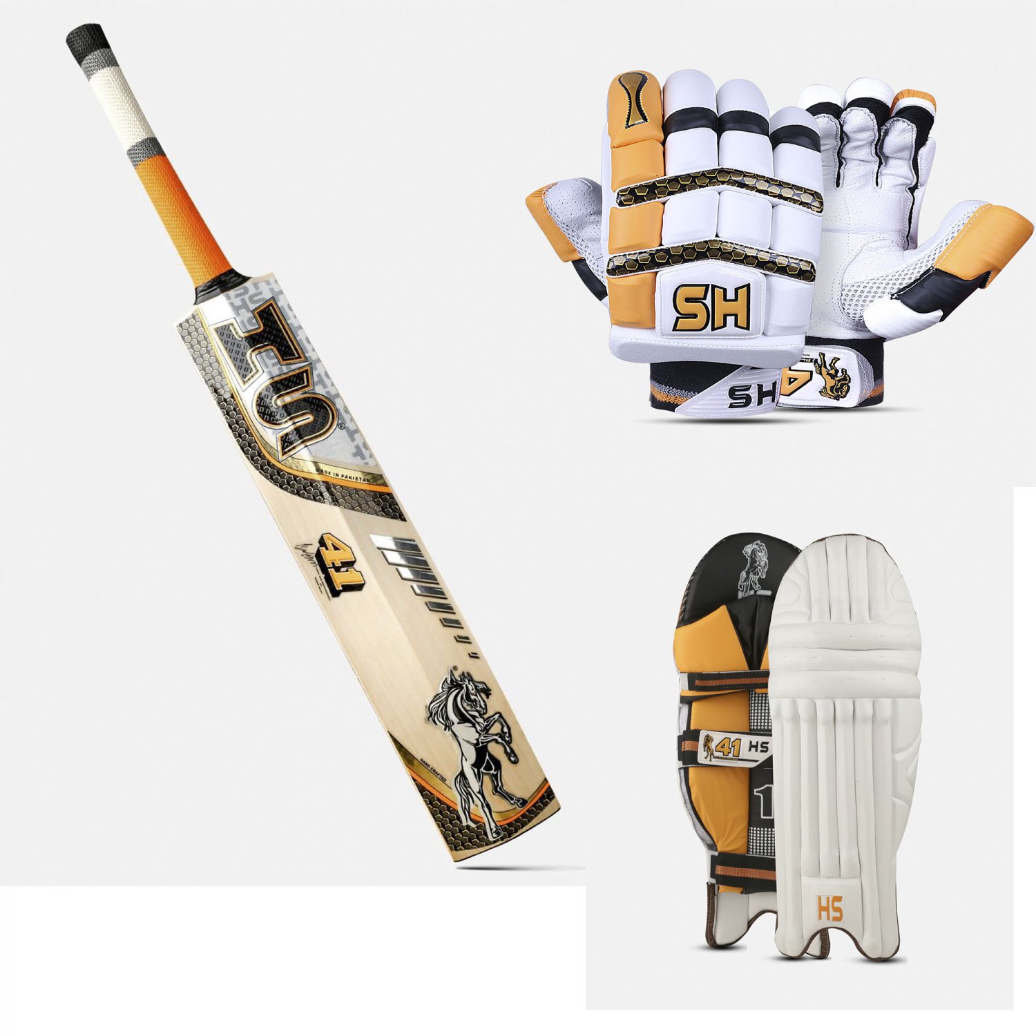 HS 41 Deal English Willow Cricket Bat, Batting Gloves, Cricket Pads