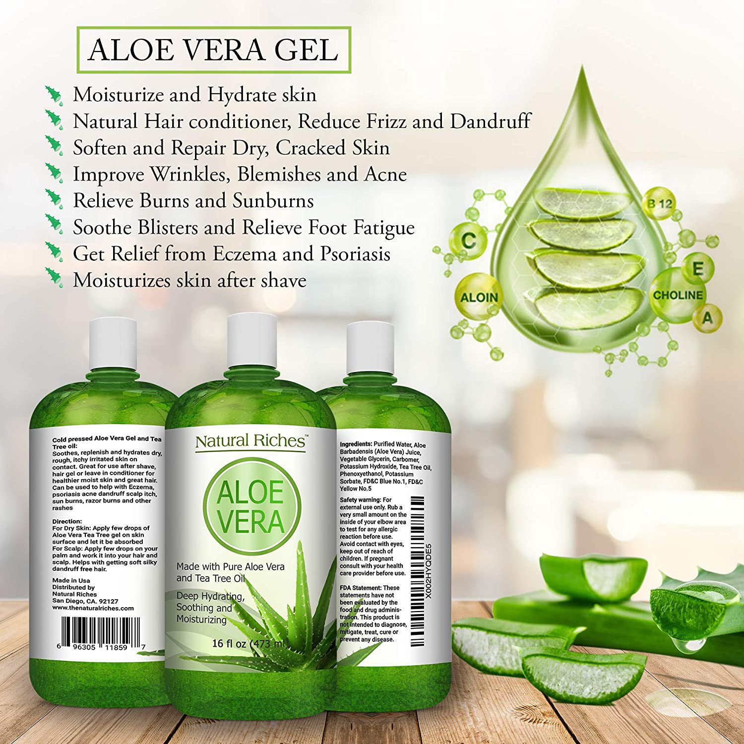 Aloe Vera Gel With Tea Tree Oil For Face & Dry Skin Helps Cold Sores 