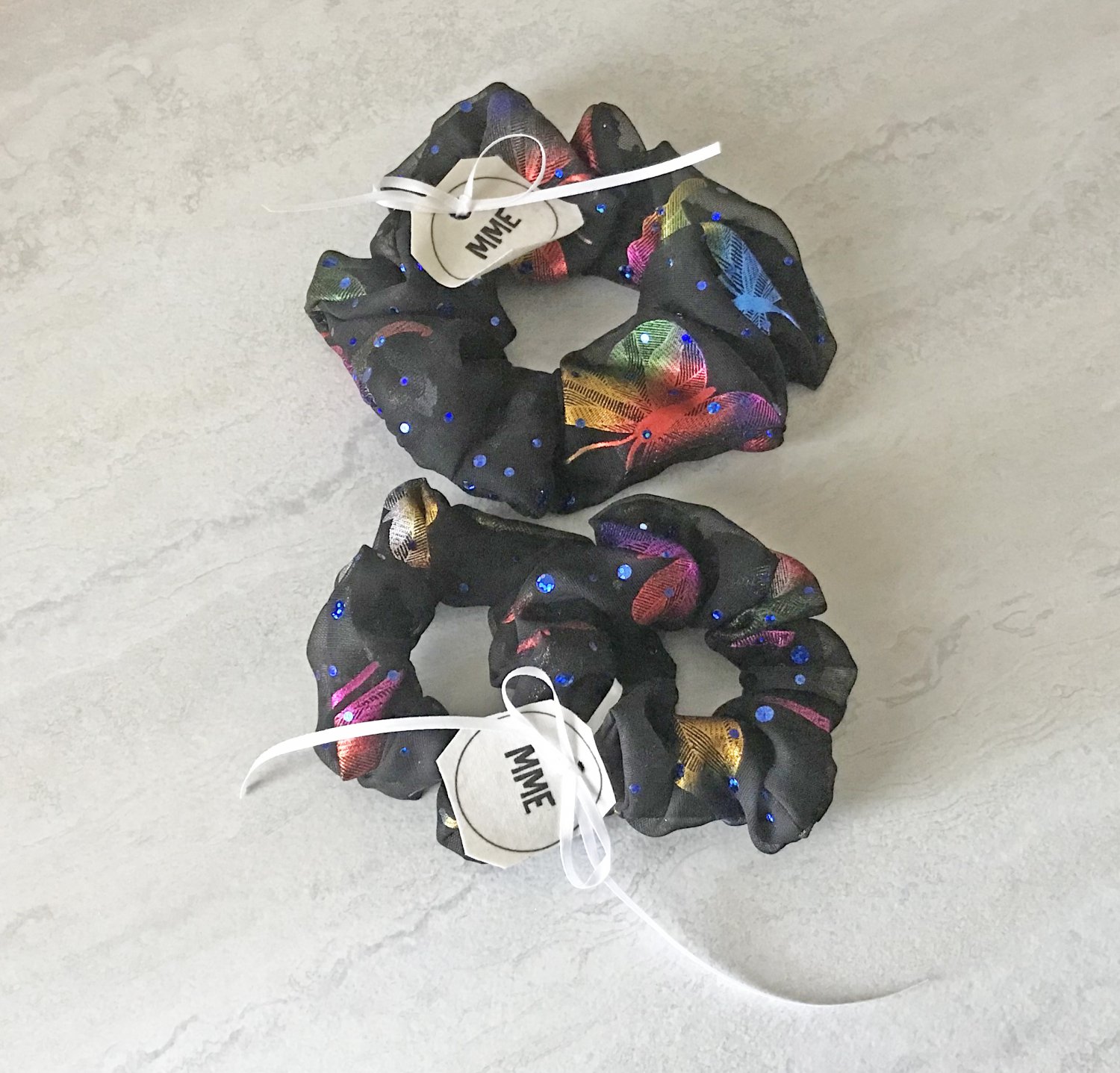 Beaded Iridescent Butterfly Organza Scrunchies Ponytail Holders 3 Piece Set Handmade