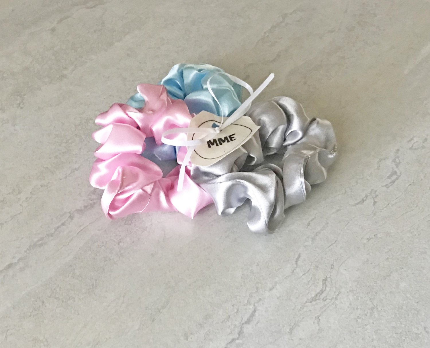 Mini Satin Scrunchies Ponytail Holders 3 Piece Set Baby Blue Pink Silver Handmade