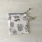 Gray Botanical Flowers Mini Fabric Zipper Pouch Handmade