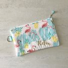 Flamingo and Pineapples Fabric Makeup Zipper Pouch with Key Ring Handmade