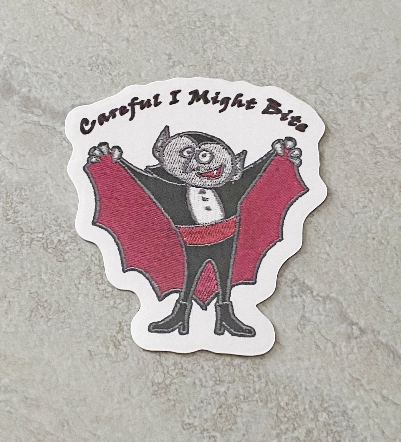 Careful I Bite Vampire Faux Embroidery Waterproof Die Cut Sticker