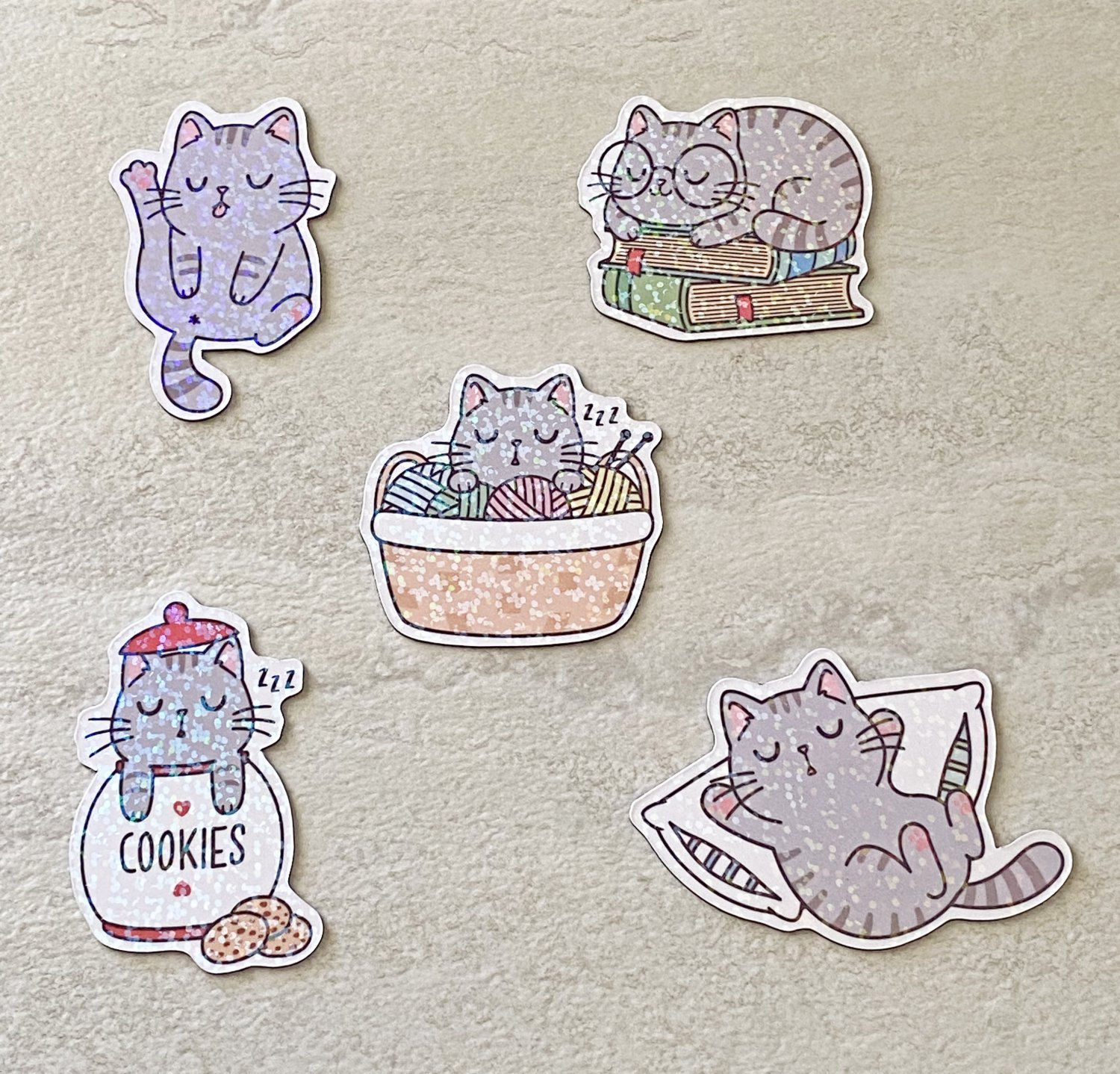 Sleeping Kitty Cats Die Cut Holographic Magnets 5 Piece Set