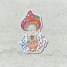 Coffee Drinking Mushroom Character Die Cut Holographic Magnet