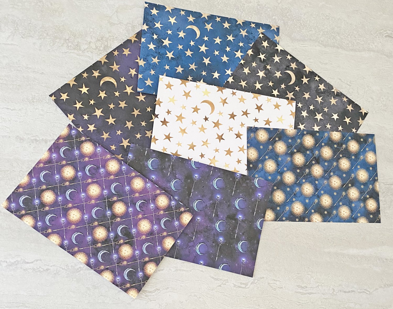 Celestial Sun Moon and Stars Themed Stationery Postcards 7 Piece Set