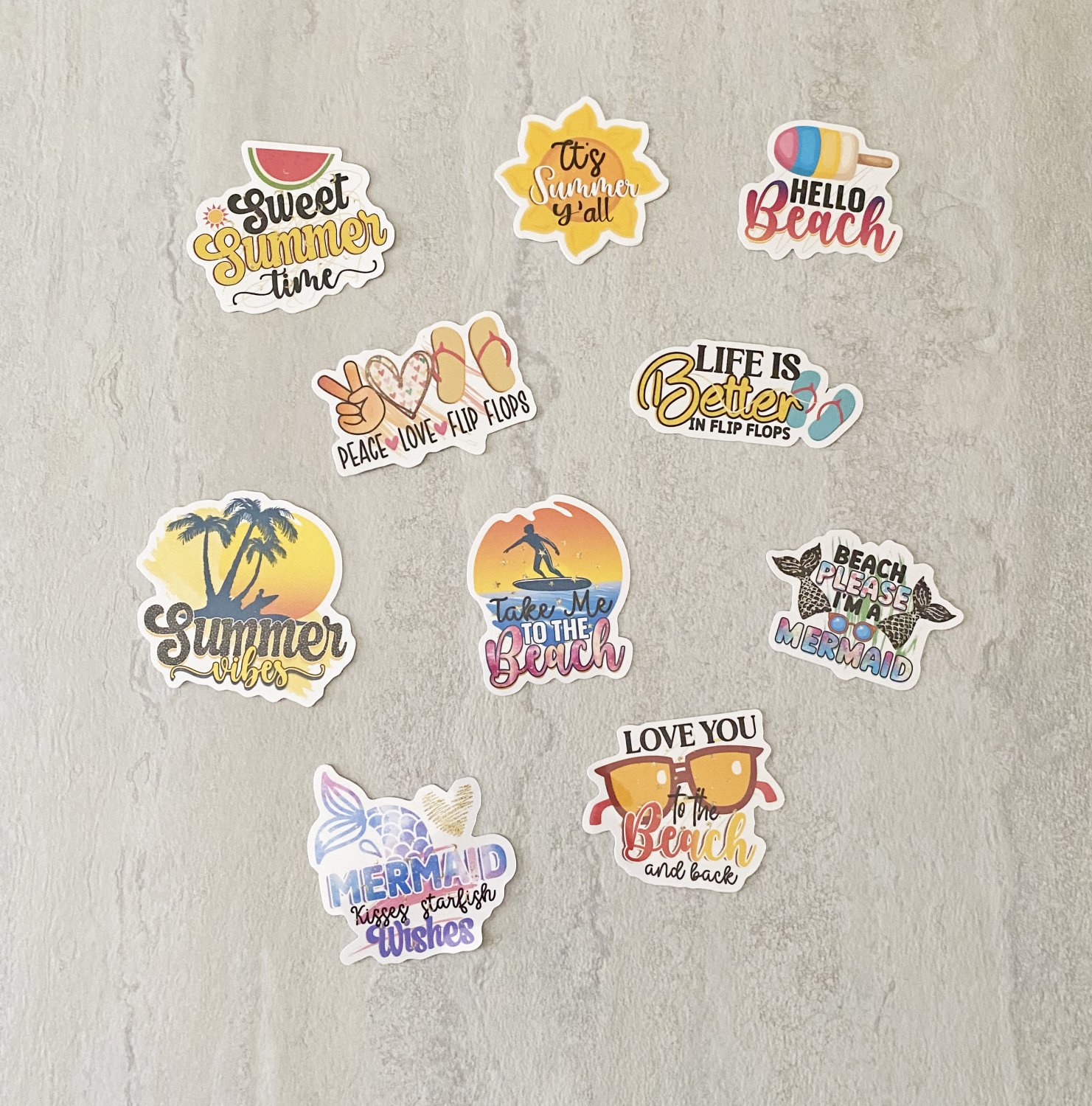 Summer Beach Fun Waterproof Die Cut Stickers 10 Piece Set