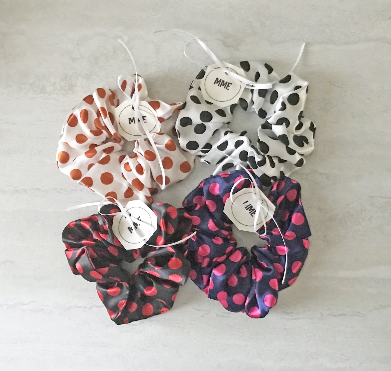 Polka Dots Large Satin Scrunchies Ponytail Holders 4 piece set Handmade