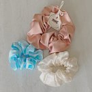 Rose Blue White Satin Scrunchies Ponytail Holders 3 Piece Set Handmade