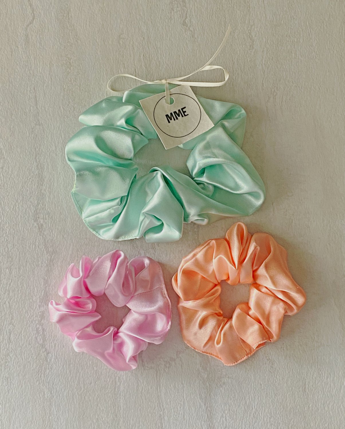 Mint Green Pink Peach Satin Scrunchies Ponytail Holders 3 Piece Set Handmade