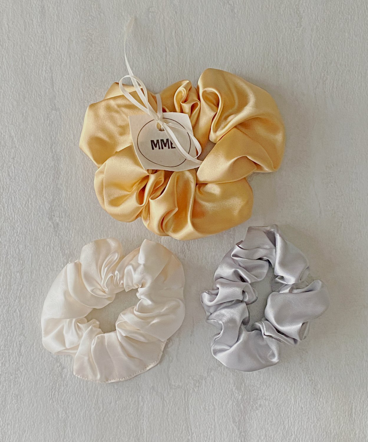 Gold White Silver Satin Scrunchies Ponytail Holders 3 Piece Set Handmade