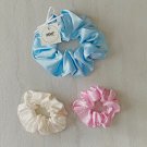 Blue White Pink Satin Scrunchies Ponytail Holders 3 Piece Set Handmade