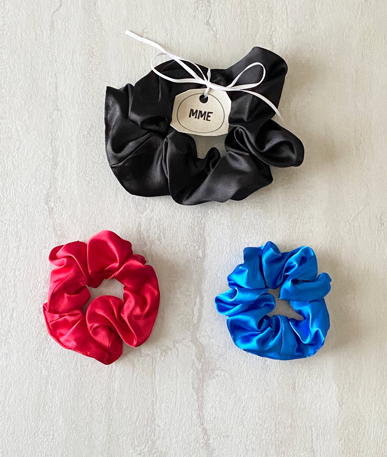 Black Red Royal Blue Satin Scrunchies Ponytail Holders 3 Piece Set Handmade