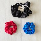 Black Red Royal Blue Satin Scrunchies Ponytail Holders 3 Piece Set Handmade