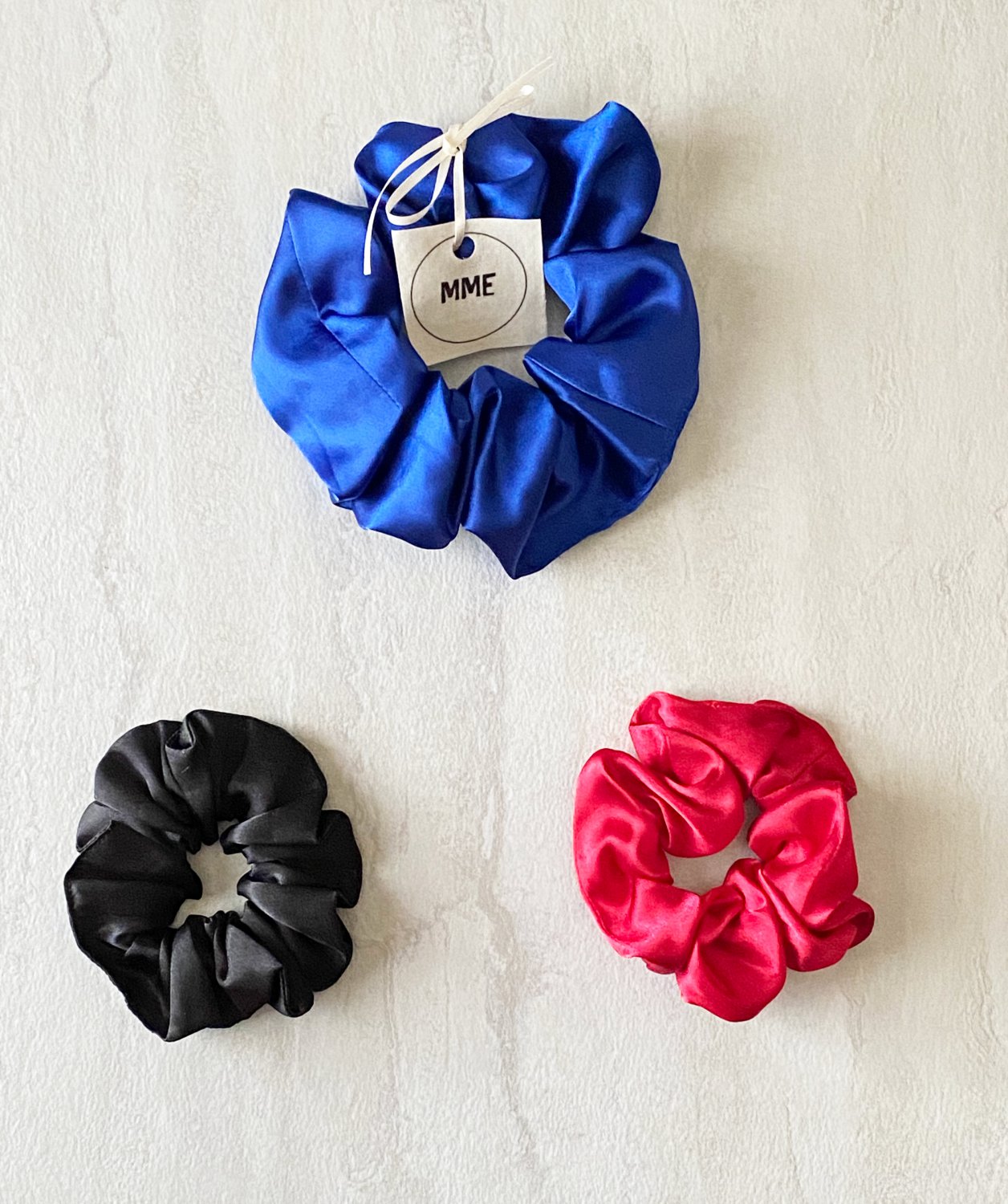 Blue Black Red Satin Scrunchies Ponytail Holders 3 Piece Set Handmade