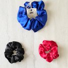 Blue Black Red Satin Scrunchies Ponytail Holders 3 Piece Set Handmade