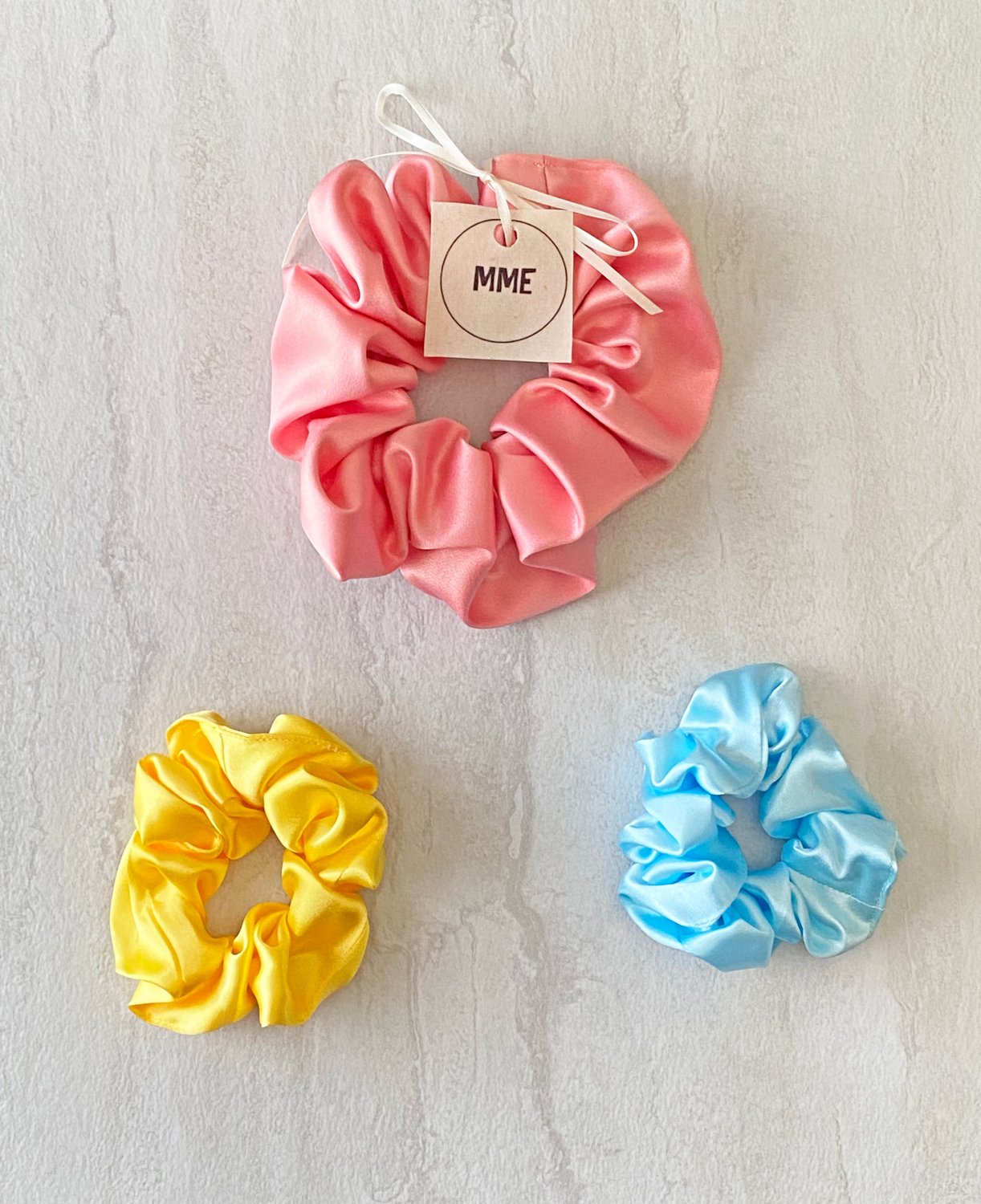 Coral Yellow Blue Satin Scrunchies Ponytail Holders 3 Piece Set Handmade