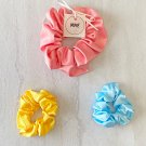 Coral Yellow Blue Satin Scrunchies Ponytail Holders 3 Piece Set Handmade