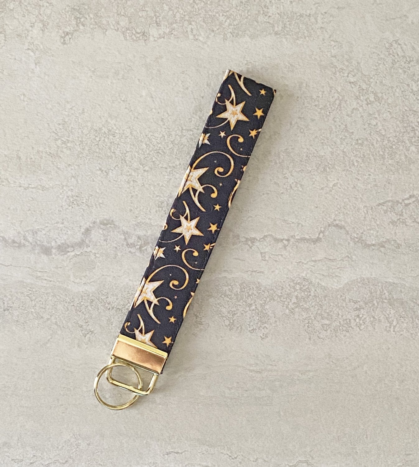 Gold Stars and Swirls Cotton Fabric Key fob wristlet handmade