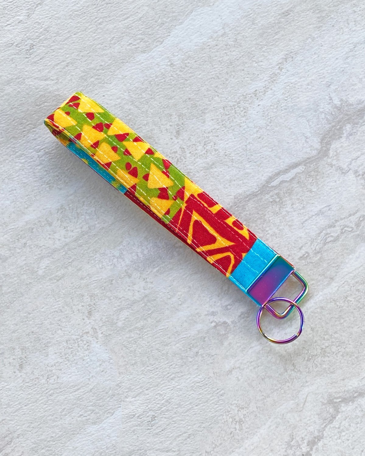 Colorful Geometric Patchwork Cotton Fabric Key fob wristlet handmade