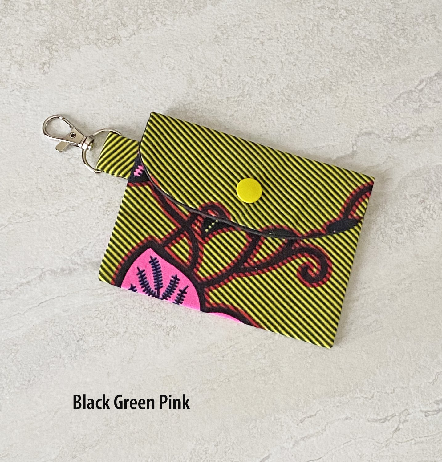 African Pattern Fabric Black Green Pink Snap Card Wallet handmade