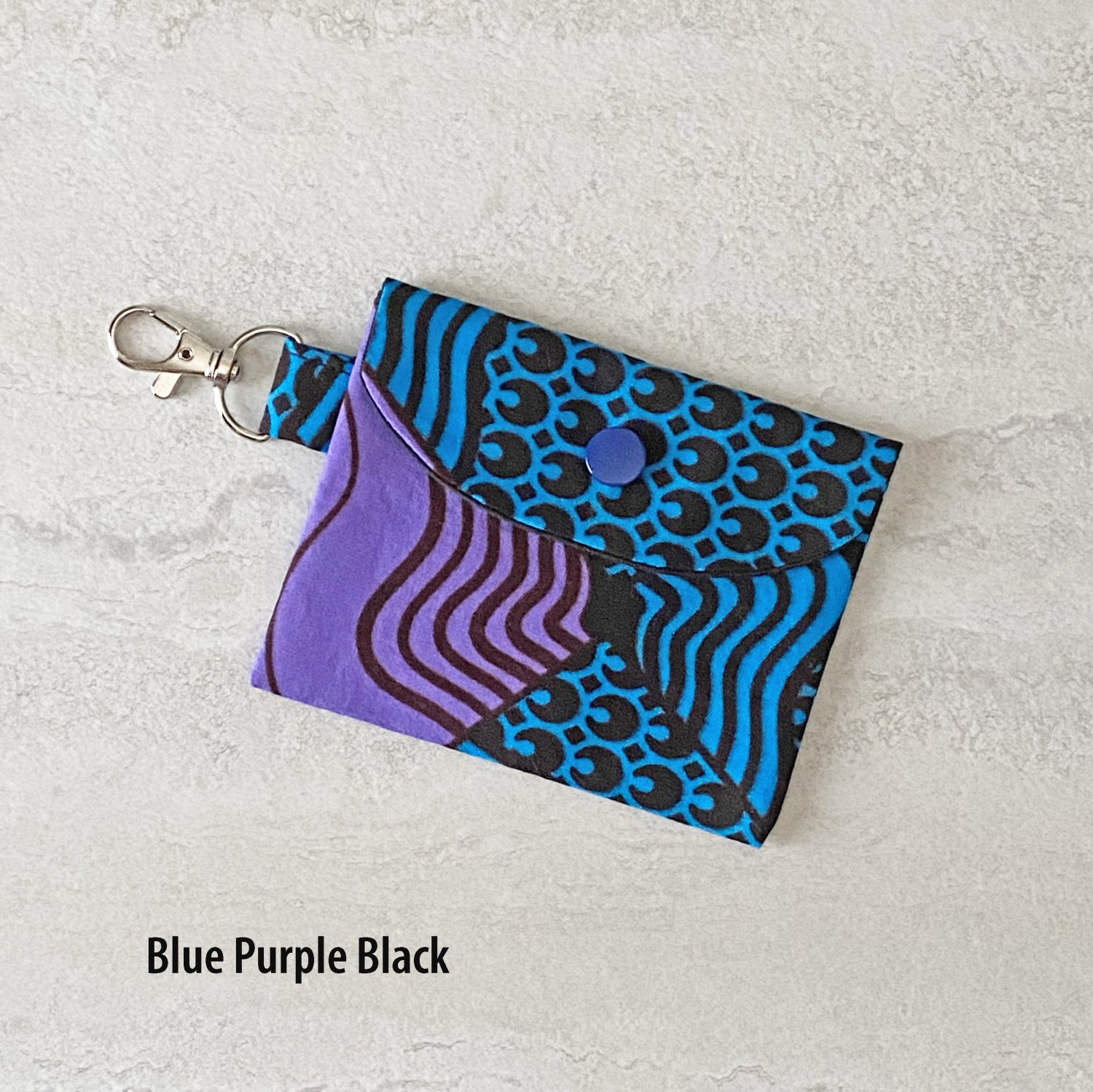African Pattern Fabric Blue Purple Black Snap Card Wallet handmade