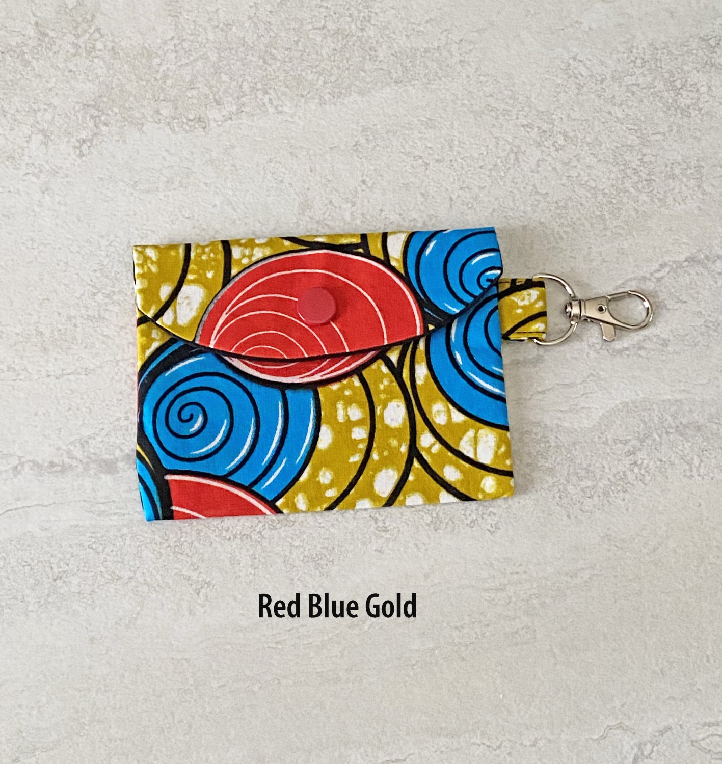 African Pattern Fabric Red Blue Gold Snap Card Wallet handmade