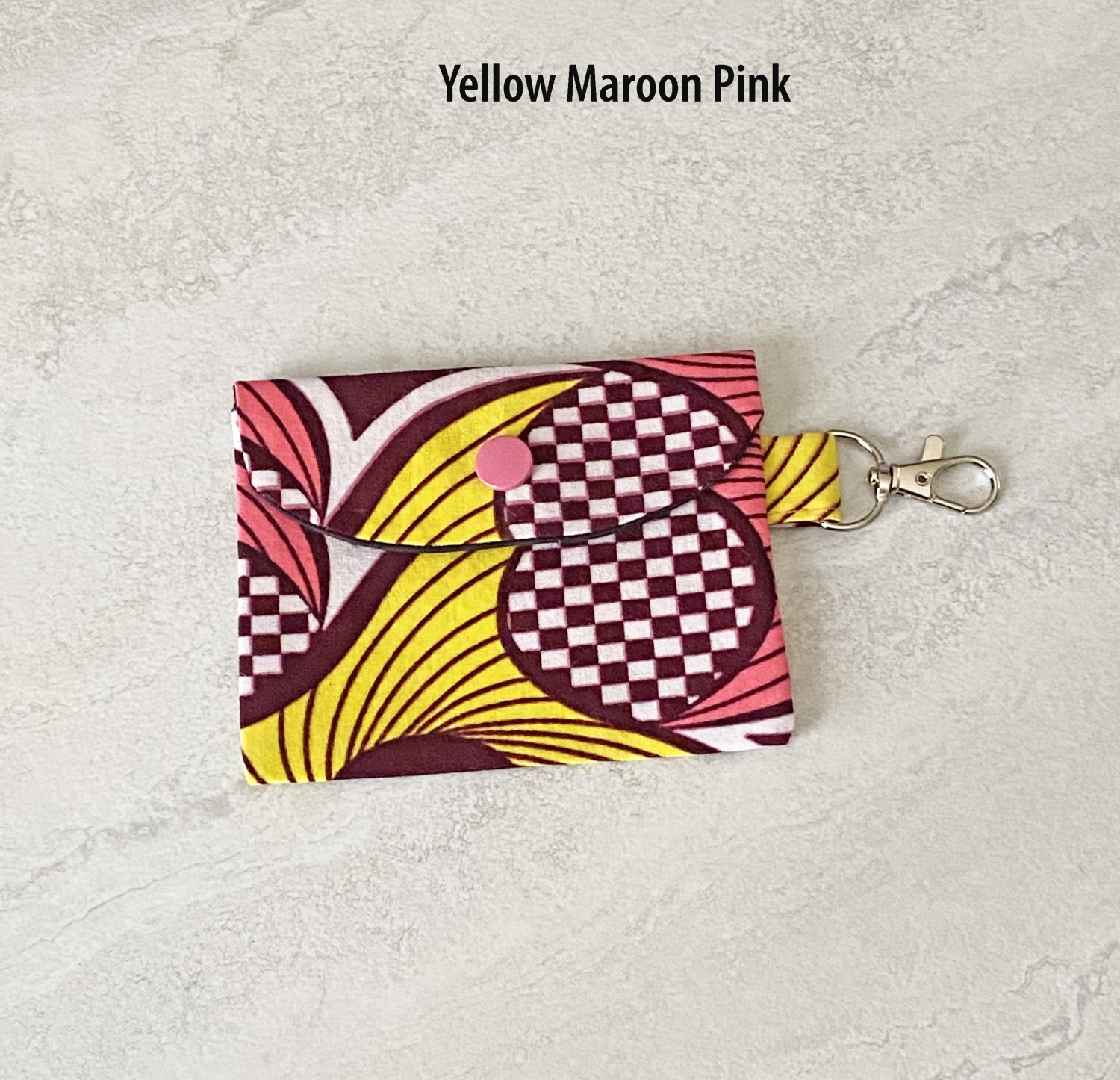 African Pattern Fabric Yellow Maroon Pink Snap Card Wallet handmade