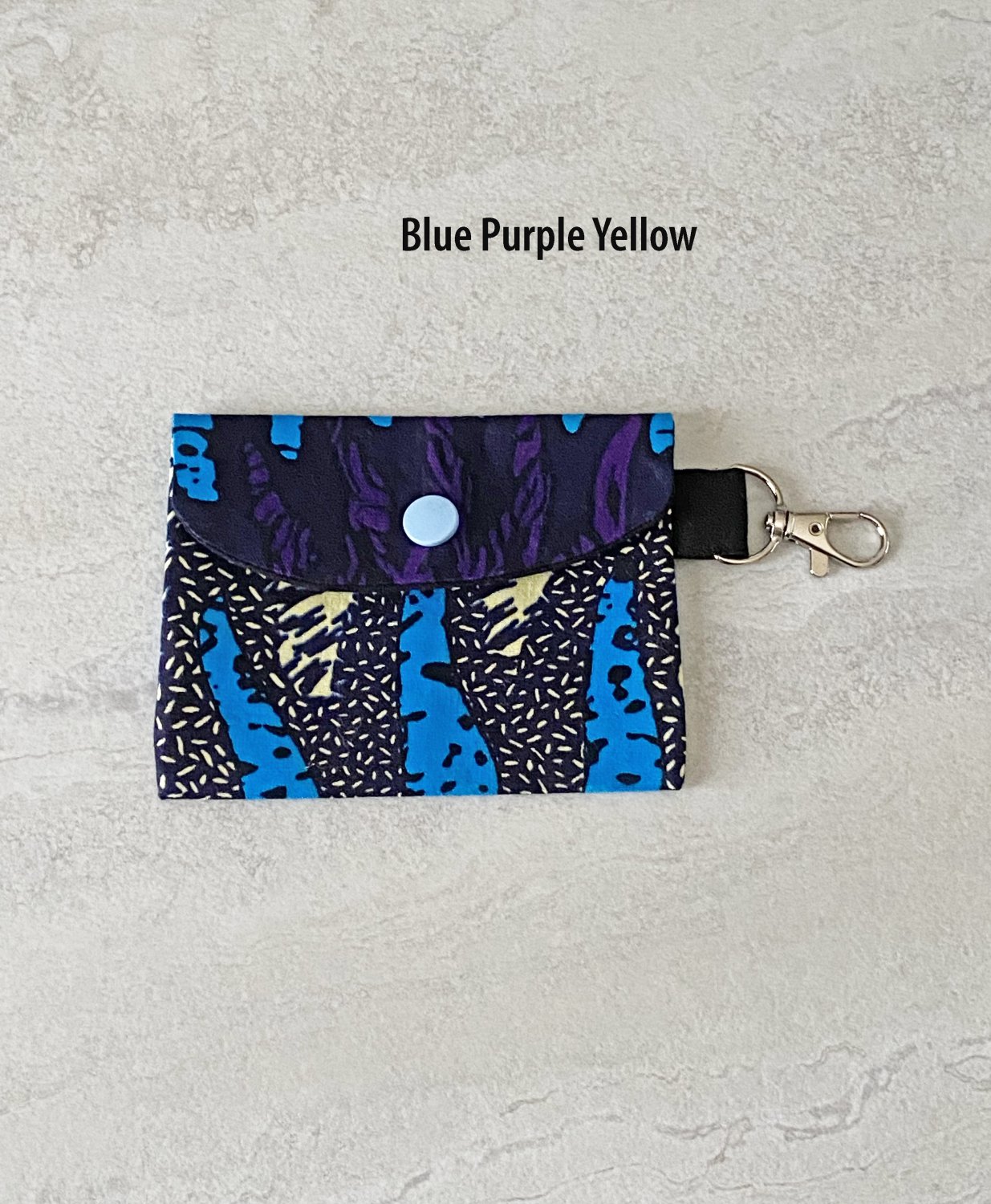 African Pattern Fabric Blue Purple Yellow Snap Card Wallet handmade