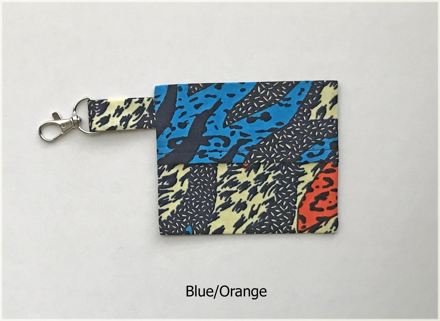 African Pattern Fabric Blue Yellow Orange Fold Over Pouch Keychain handmade