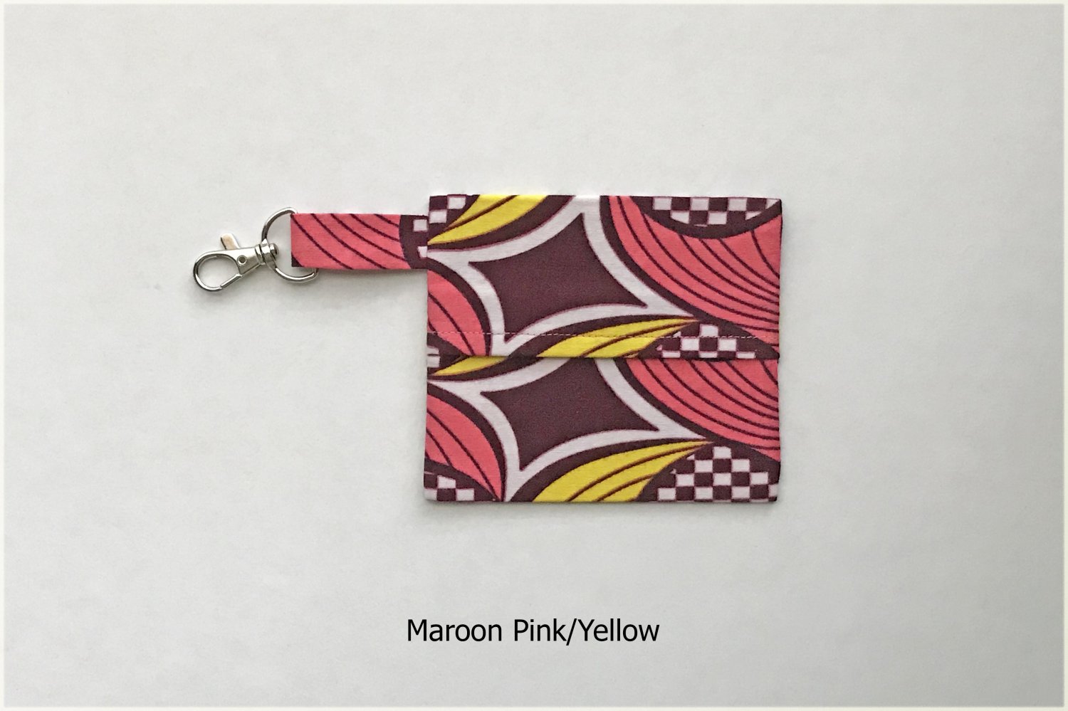 African Pattern Fabric Yellow Maroon Pink Fold Over Pouch Keychain handmade