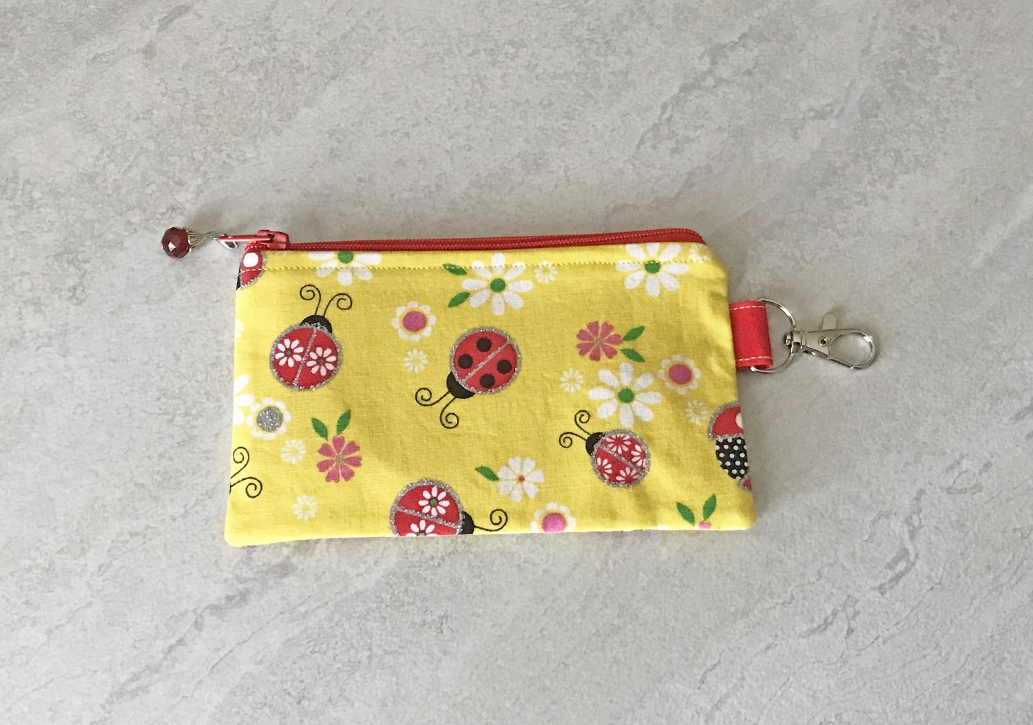 Daisy Flowers and Ladybugs Fabric Zipper Coin Purse handmade