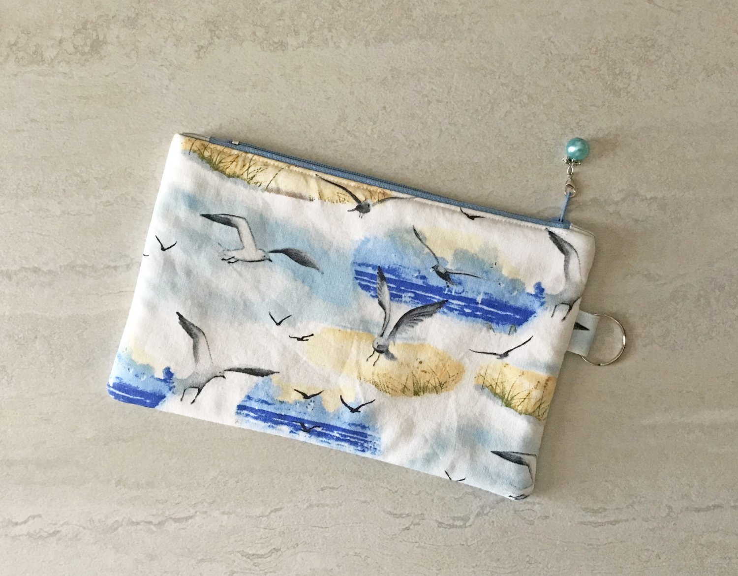 Seagulls on the Beach Fabric Makeup Zipper Pouch with Key Ring handmade