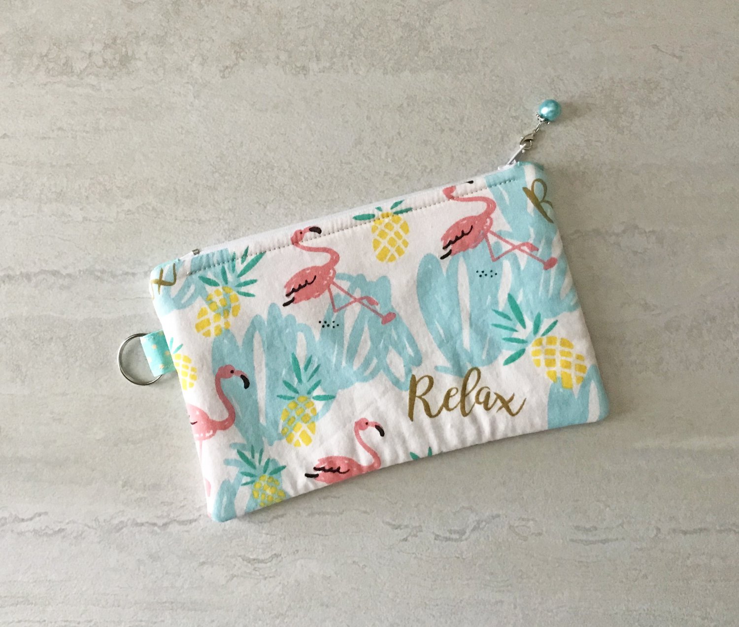 Flamingo and Pineapples Fabric Makeup Zipper Pouch with Key Ring handmade