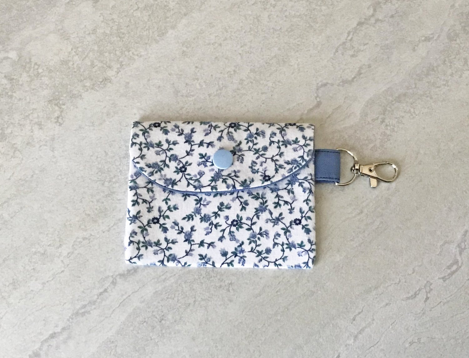 Blue Floral Fabric Snap Card Wallet handmade