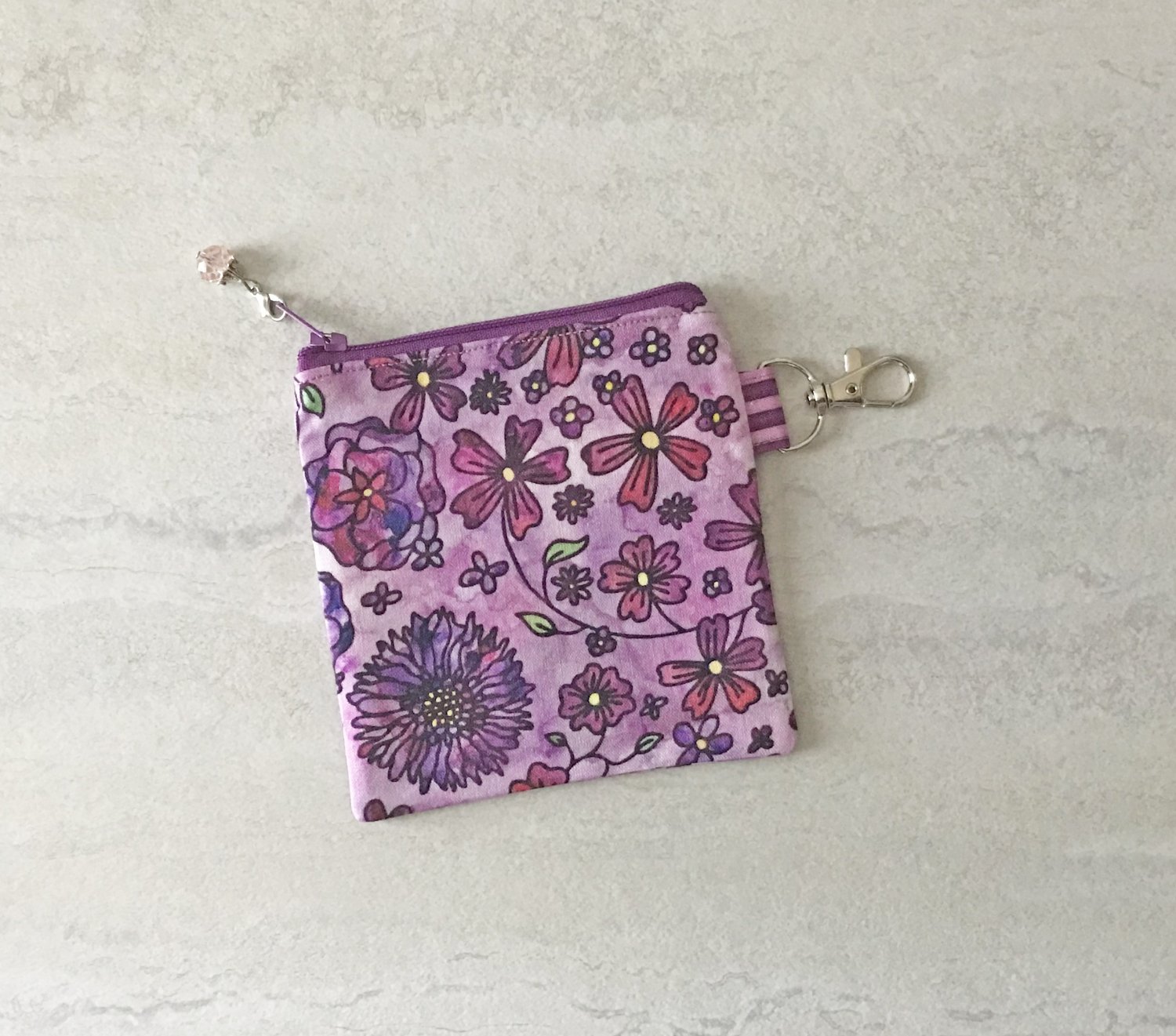 Purple Floral Wildflowers Mini Fabric Zipper Pouch handmade