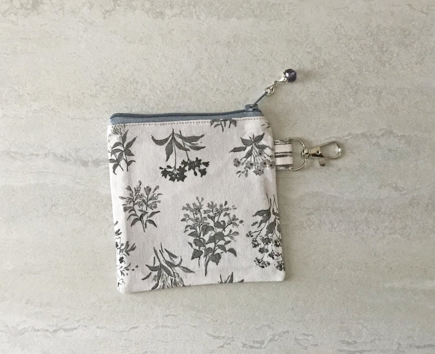 Gray Botanical Flowers Mini Fabric Zipper Pouch handmade