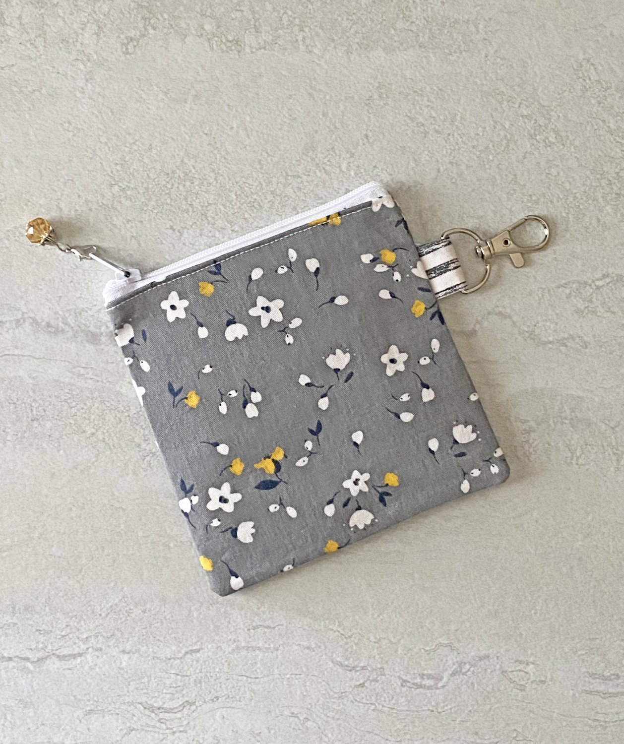 Gray Floral Pattern Mini Fabric Zipper Pouch handmade
