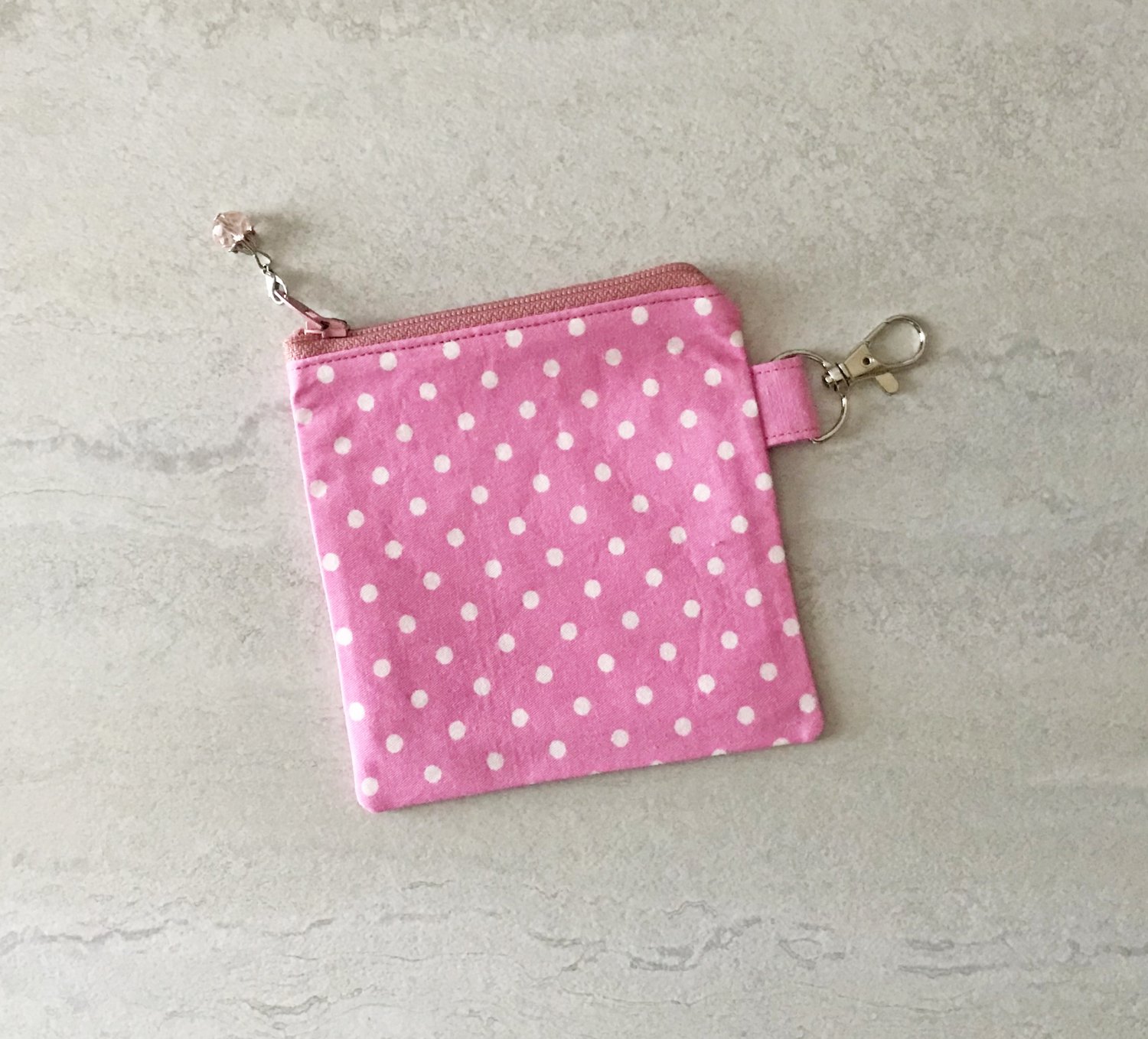 Pink with White Polka Dots Mini Fabric Zipper Pouch handmade