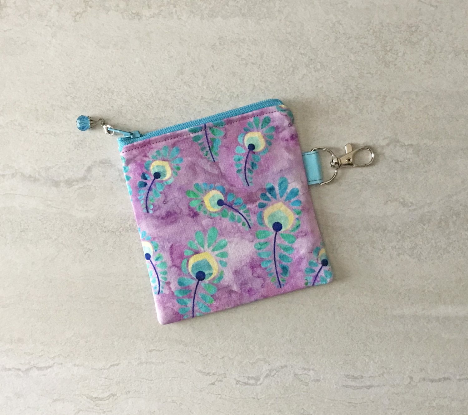 Peacock Feathers Mini Fabric Zipper Pouch handmade