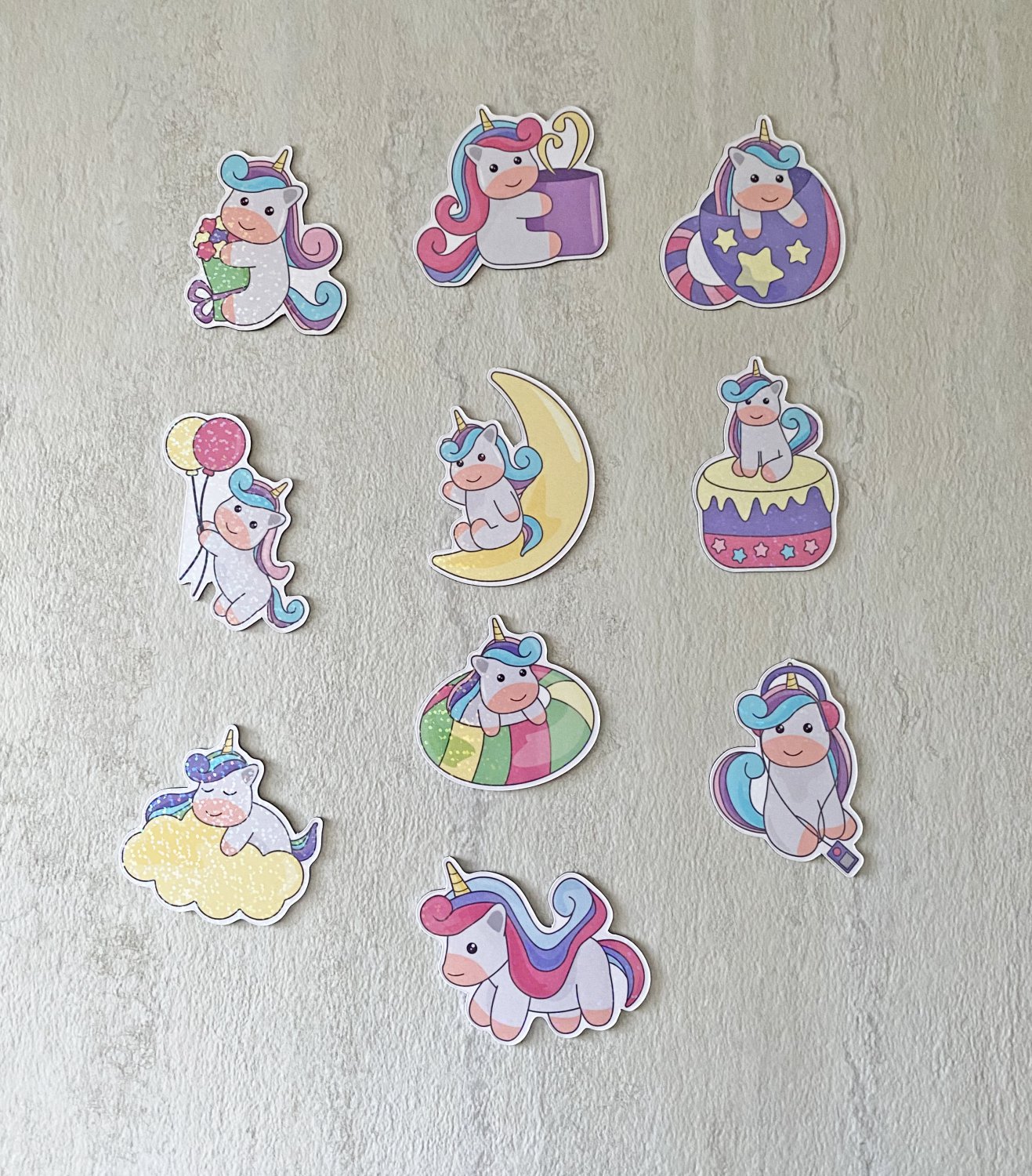 Pastel Color Unicorn Characters Holographic Magnets 10 Piece Set