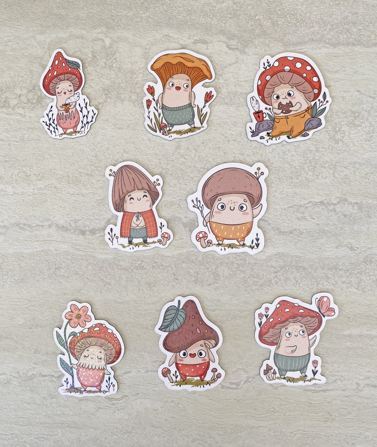 Mini Mushroom Characters Holographic Magnets 8 Piece Set