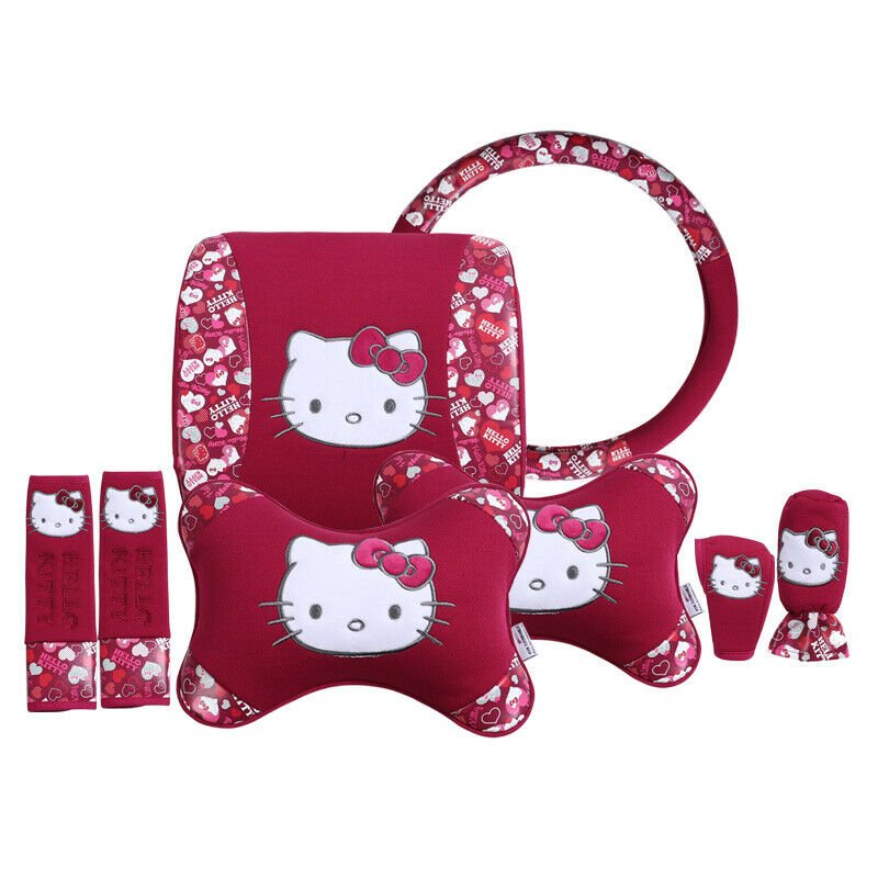 Hello kitty Interior Brake Rearview Mirror Steering wheel Cover Pillow Set Red