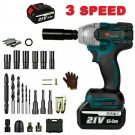 5-IN1 21V Electric Cordless Impact Wrench Max 520Nm 1/2'' Drive Drill 2 Battery