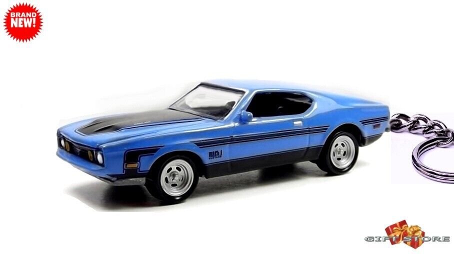 RARE KEY CHAIN 71/72/73 BLUE FORD MUSTANG MACH 1 COBRA JET CUSTOM LTD EDITION