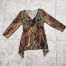 Brown Cato Chiffon Crepe Paisley Print Sheer Tie Back Short Tunic Top Size M