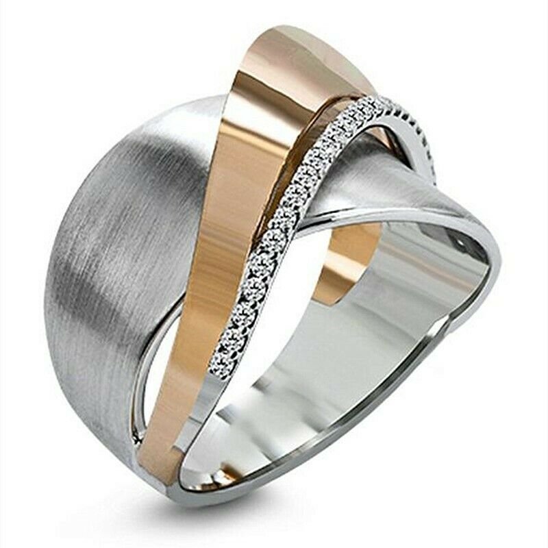 Creative Two Tone 925 Silver Rings Women White Sapphire Wedding Ring Size 6-10